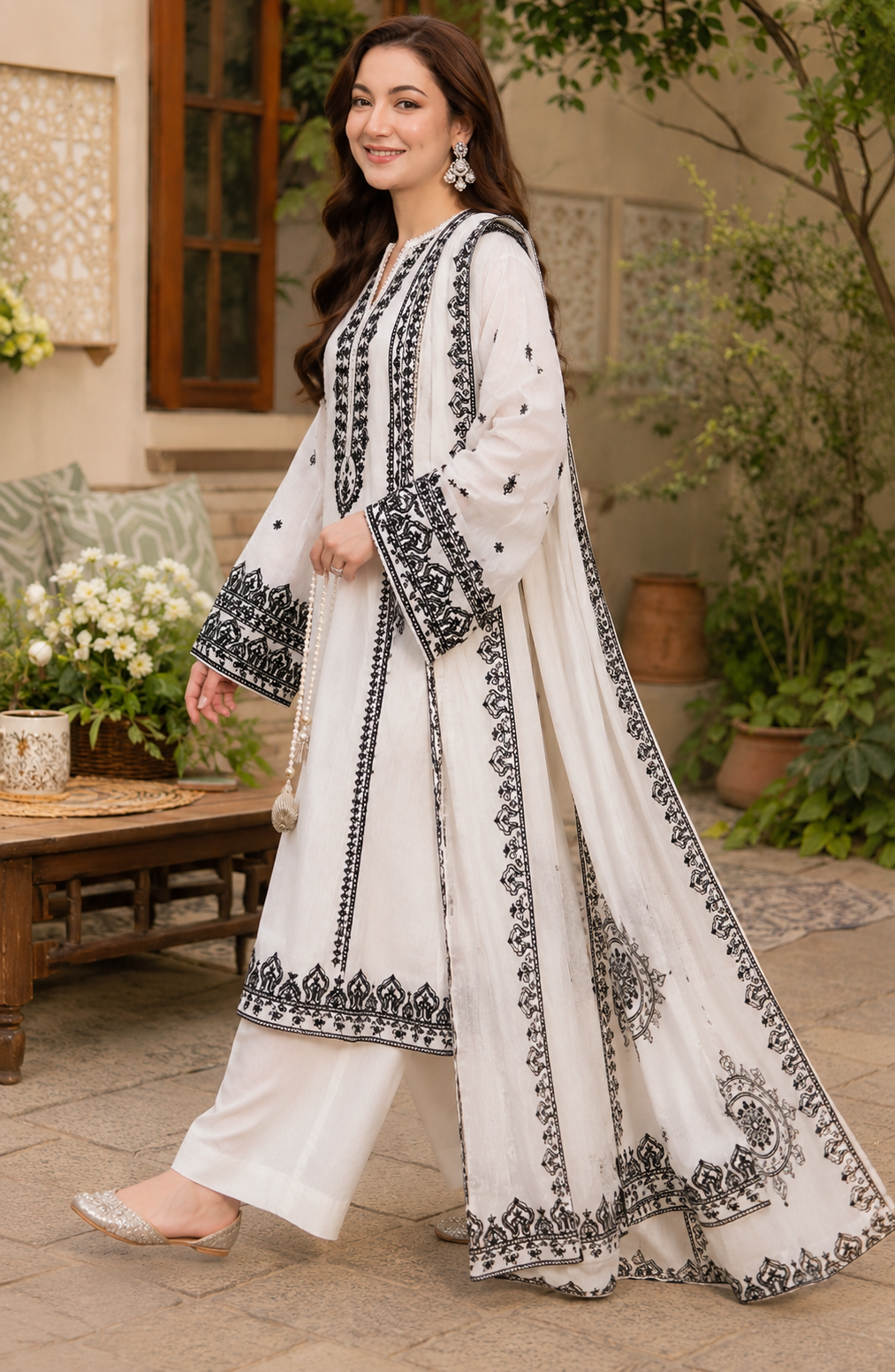 PEHNARI Ivory Noor | Luxury White Black Embroidered 3-Piece Suit