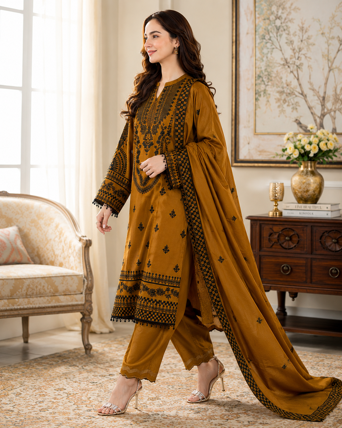 PEHNARI Desert Royale | Luxury 3-Piece Embroidered Mustard Suit