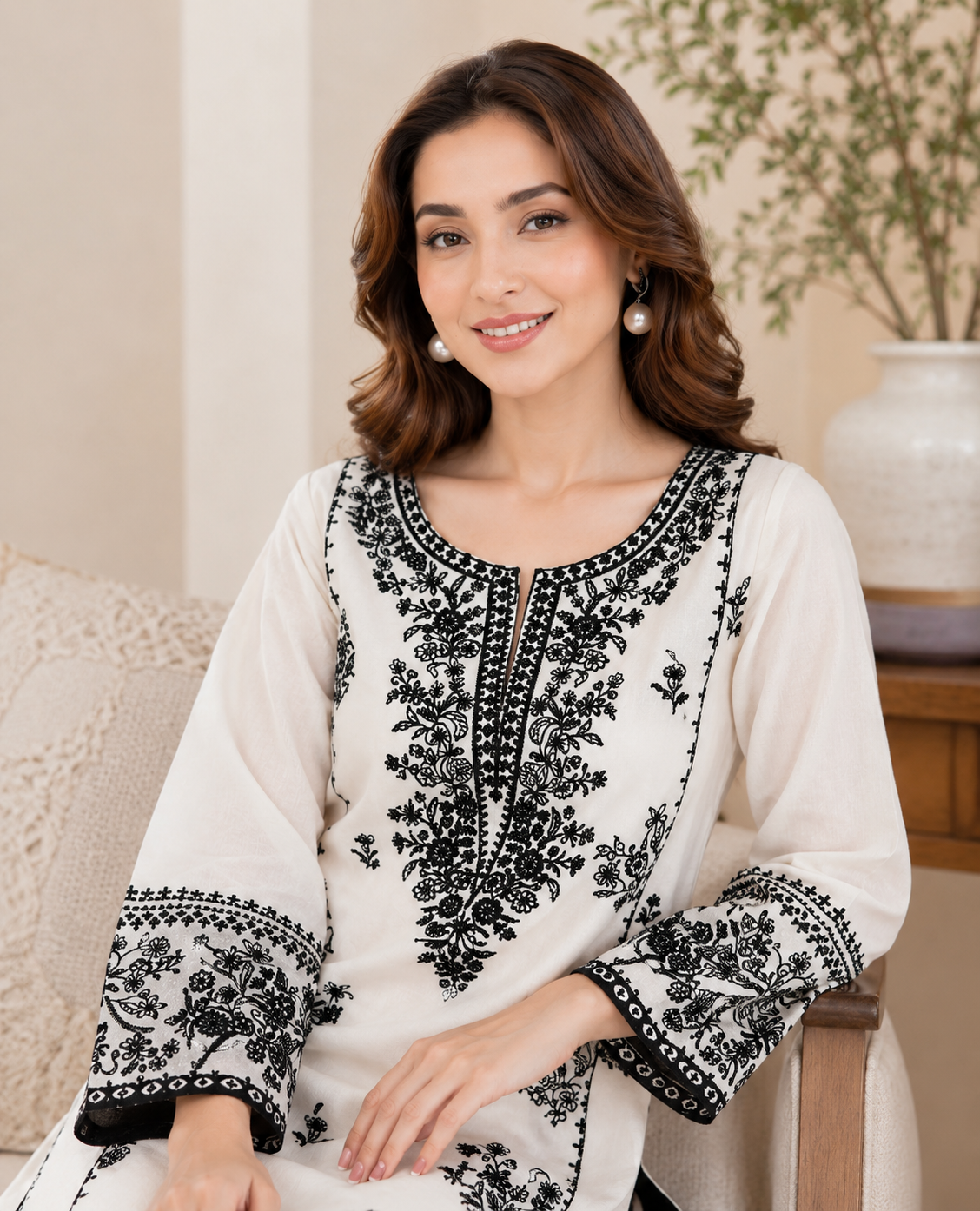 PEHNARI Ivory Noir | Embroidered 2-Piece Lawn Suit