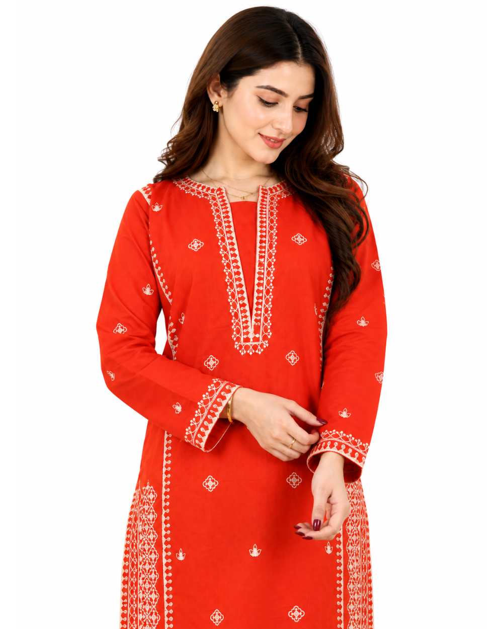 Pehnari Zareen-E-Naar | 2-Piece Unstitched Lawn Embroidered Suit – Orange on Orange with Embroidered Shalwar Fabric