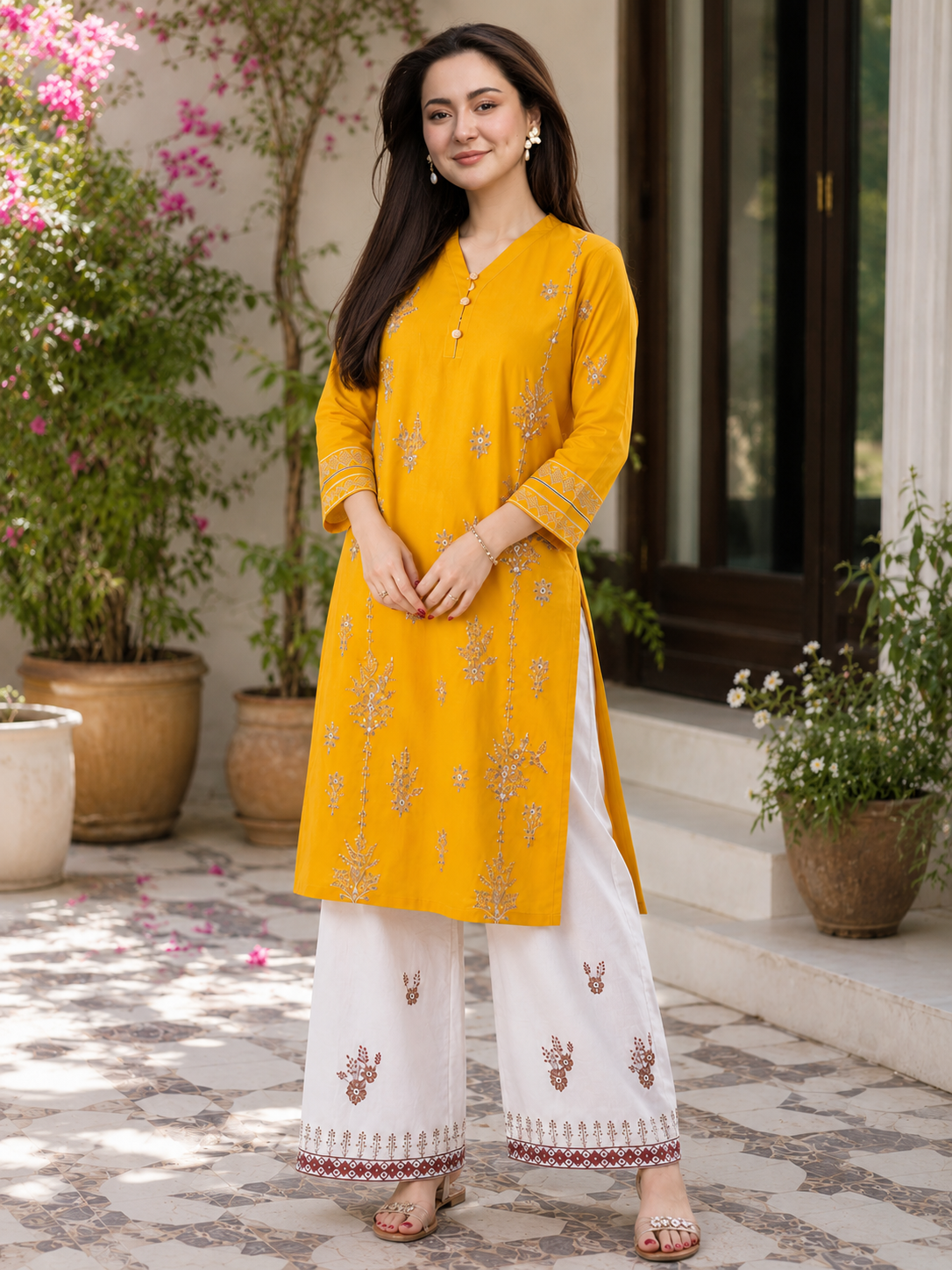 Pehnari Noor-E-Zard | Stitched 2-Piece Premium Lawn Embroidered Suit with White Shalwar – Ready to Wear