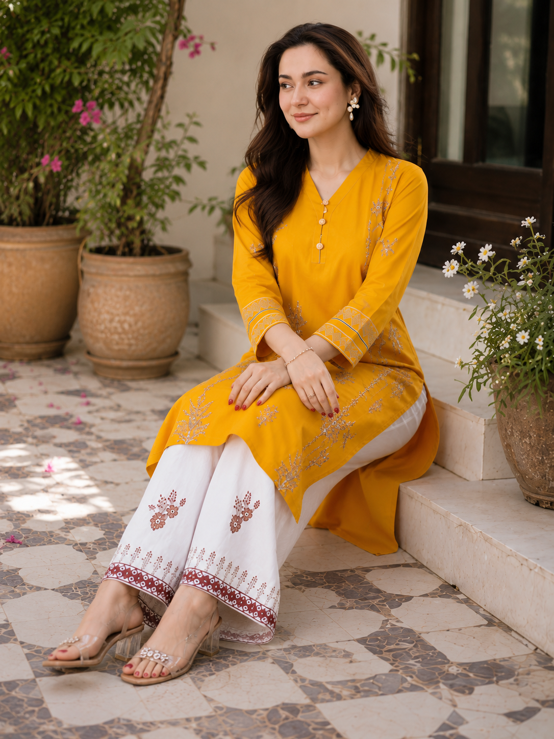 Pehnari Noor-E-Zard | Stitched 2-Piece Premium Lawn Embroidered Suit with White Shalwar – Ready to Wear