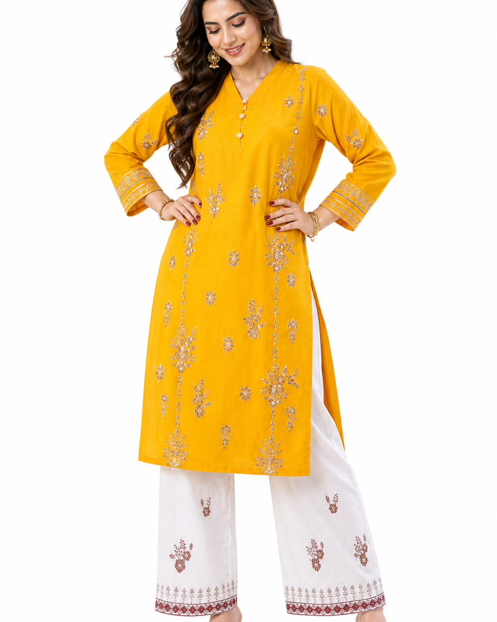 Pehnari Zard-E-Noor | 2-Piece Unstitched Lawn Embroidered Suit with White Shalwar Fabric