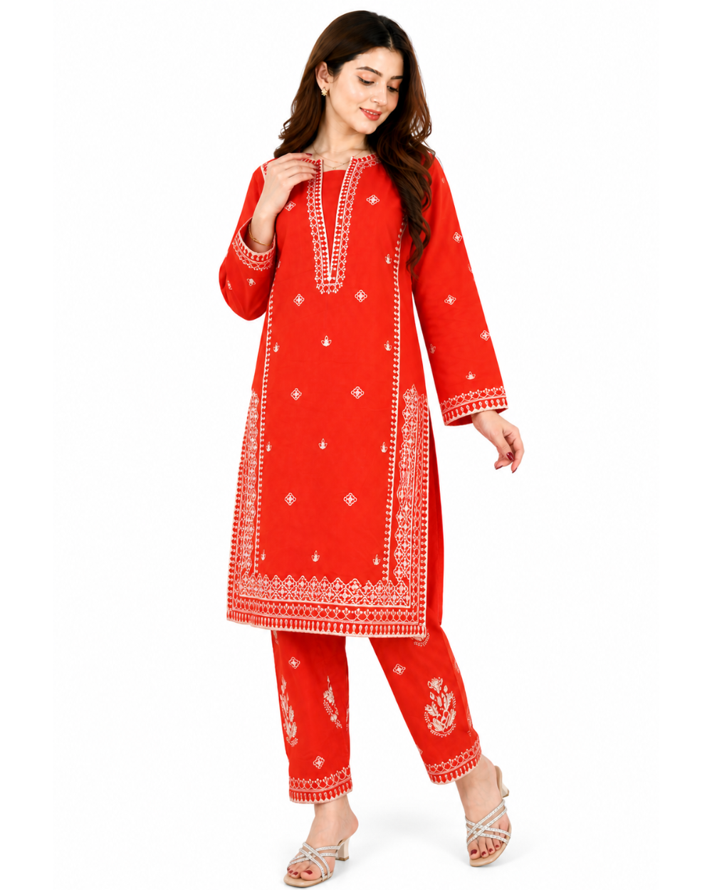 Pehnari Zareen-E-Naar | 2-Piece Unstitched Lawn Embroidered Suit – Orange on Orange with Embroidered Shalwar Fabric